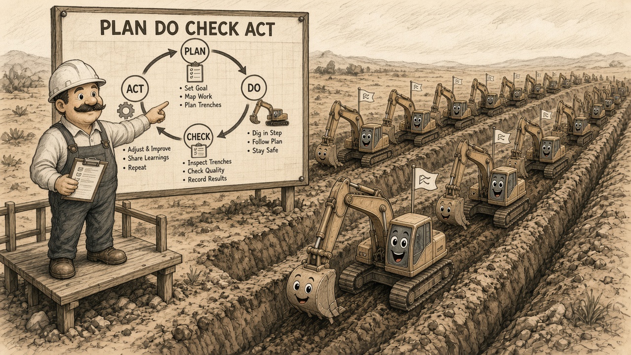 A site foreman on a platform beside a Plan Do Check Act board directs a long fleet of smiling excavators digging parallel trenches in step