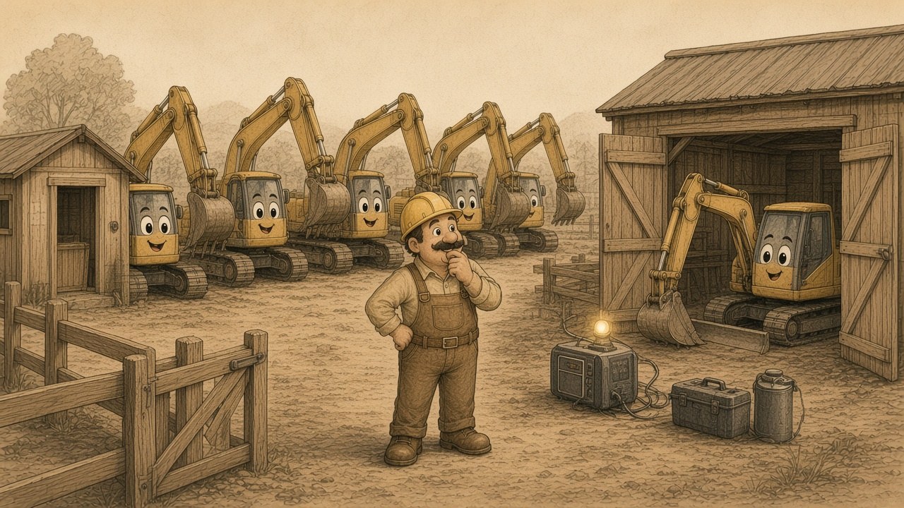 A moustached site foreman stands between an equipment hire yard full of smiling excavators and an open shed holding one excavator, with a small computer box outside the shed, weighing up which way to go