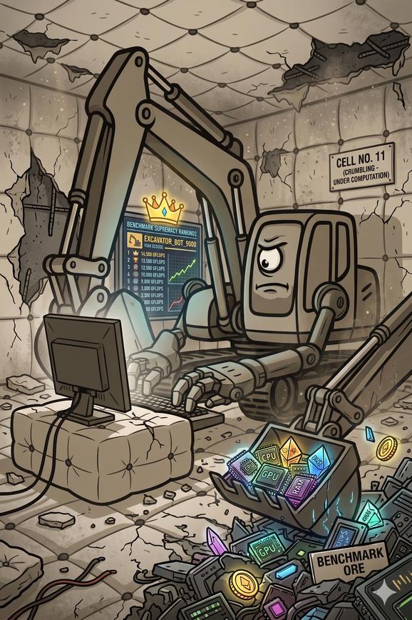 AI excavator typing in a crumbling padded cell