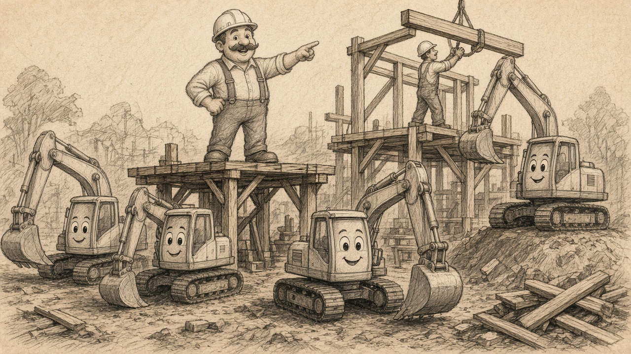 A friendly site foreman on a wooden platform directs a row of smiling excavators, while a builder works on a timber frame alongside them and one excavator lifts a beam into place