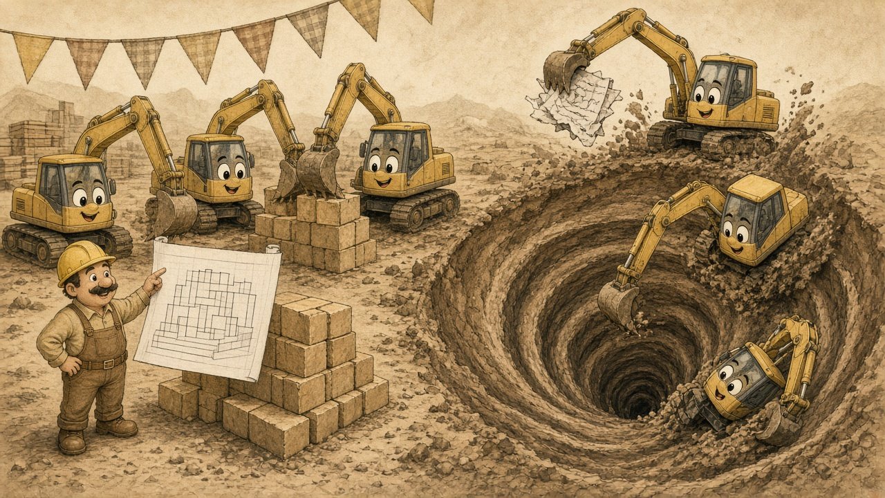 A foreman shows a clear blueprint to a crew of excavators building a neat stack of blocks, while a second crew with a scribbled note digs itself into a spiralling pit