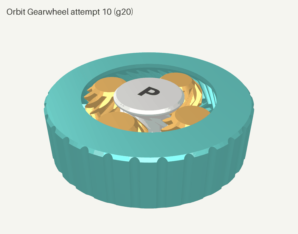 Render of the Orbit Gearwheel, attempt 10: a teal thumb ring around four gold herringbone planet gears and a white sun gear marked P
