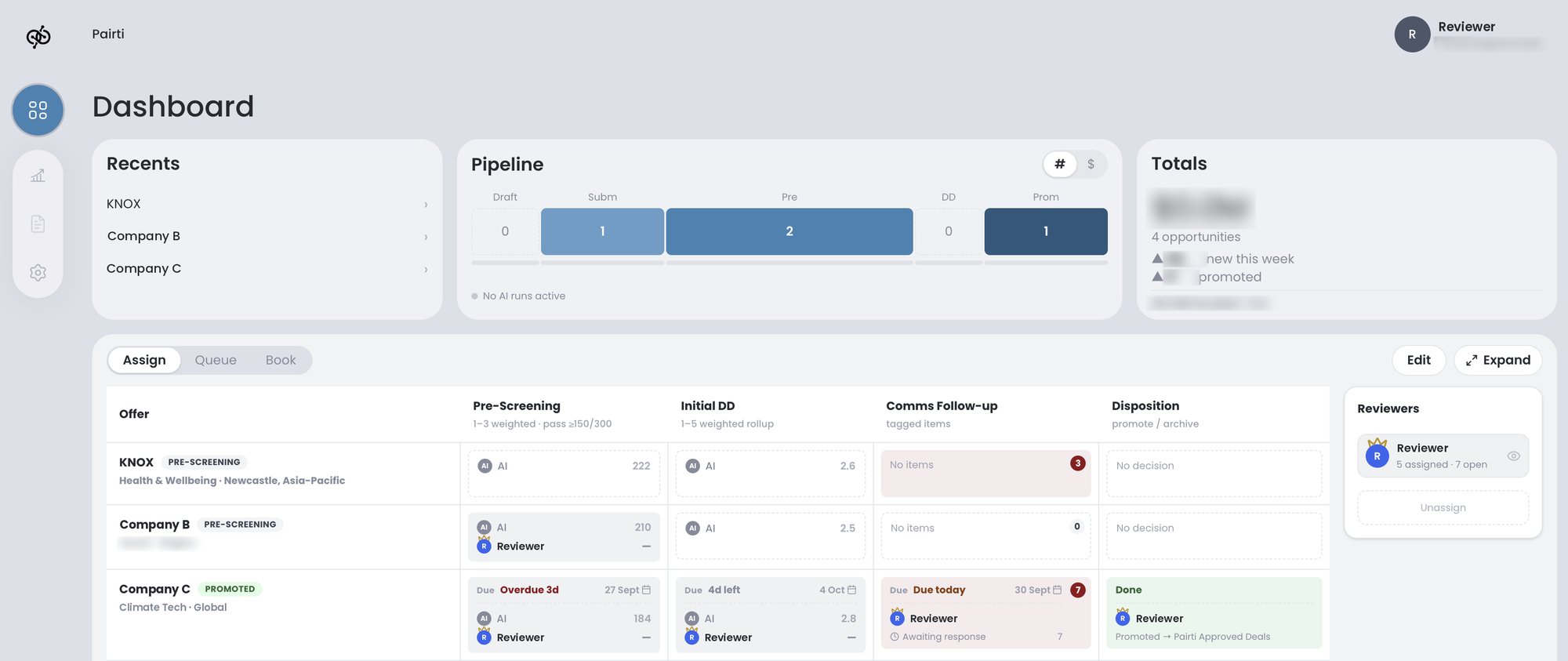 SAVA-F deal analysis dashboard with Knox and other submissions in the pipeline, and an assign board showing AI scores, reviewer ownership, founder follow-ups and decisions for each deal.