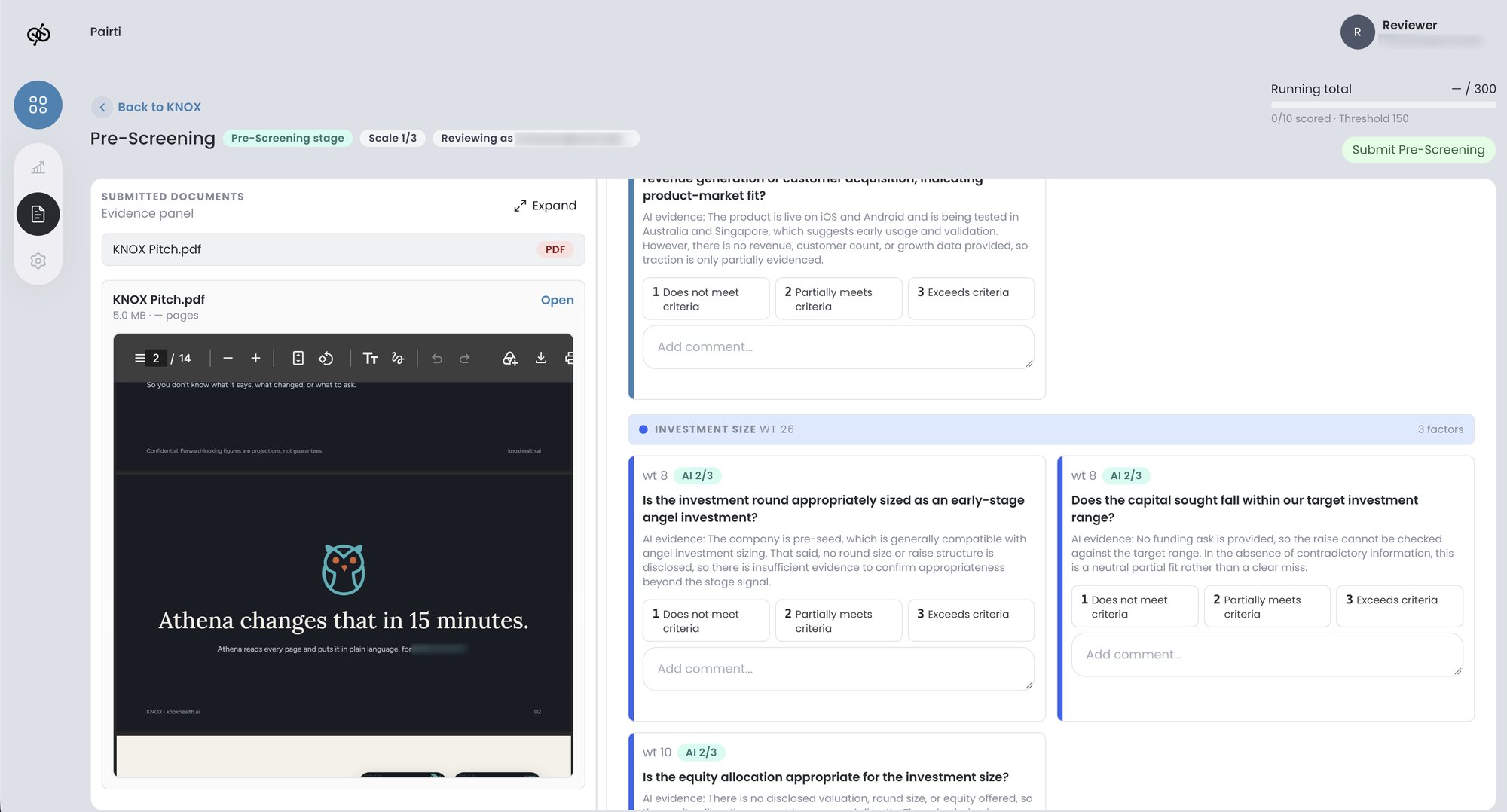 SAVA-F pre-screening view for investment due diligence, with Knox's pitch deck open on the left and weighted screening questions on the right showing AI evidence and suggested scores awaiting the reviewer's decision.