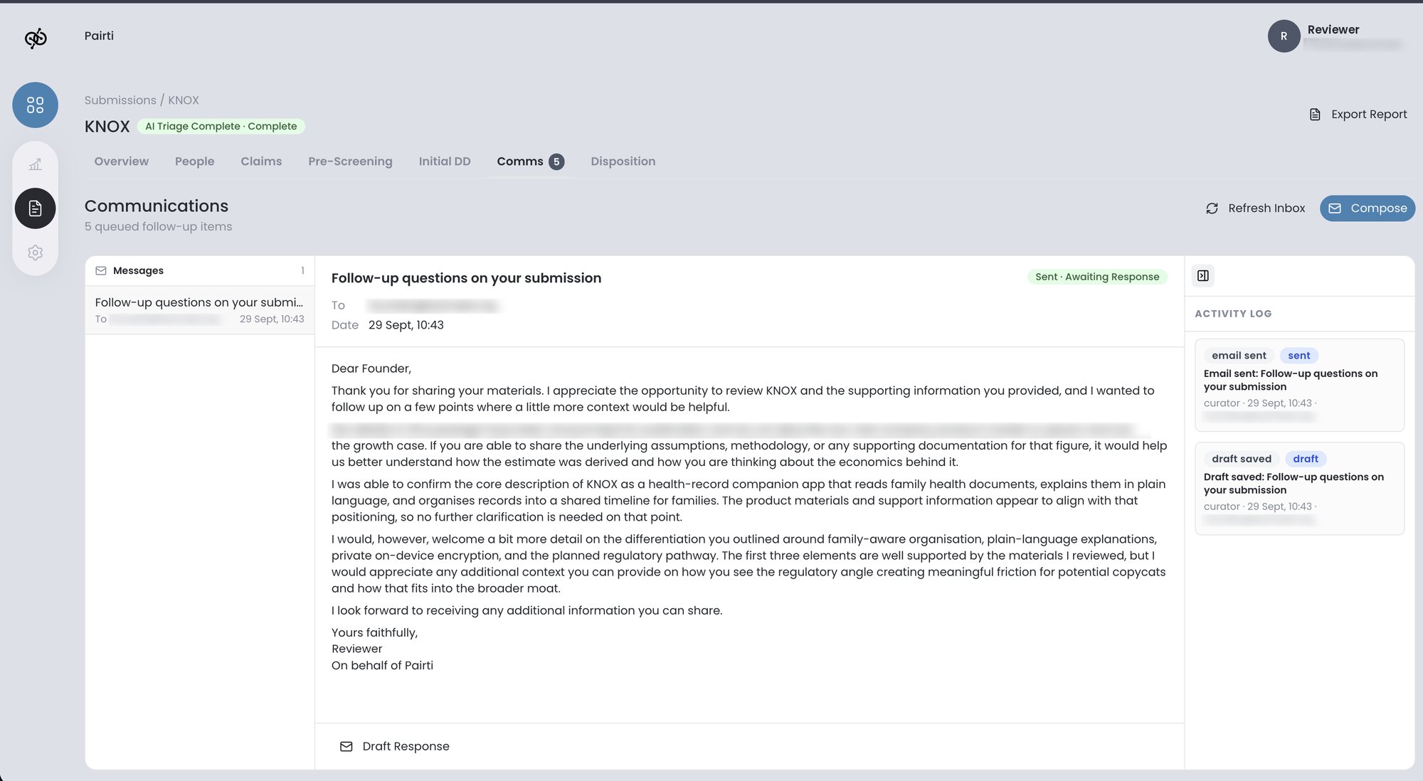 Communications view showing an AI-drafted follow-up email to the Knox founder, marked as sent and awaiting response, with an activity log of the draft and send.