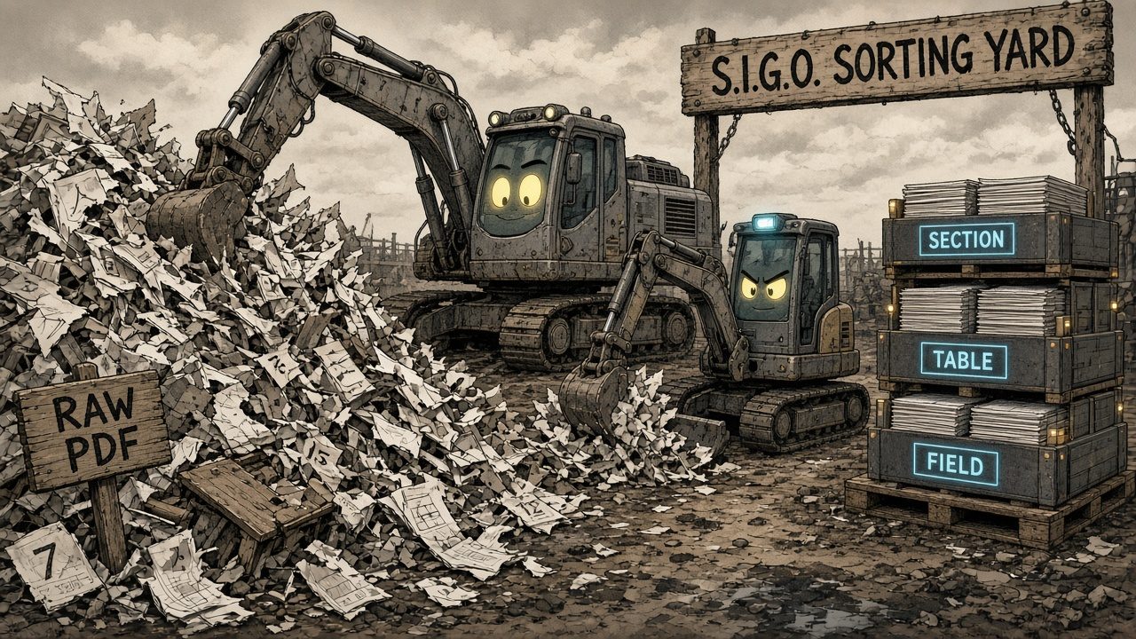 Two excavators in a sorting yard turning a heap of torn PDF pages into crates labelled Section, Table and Field
